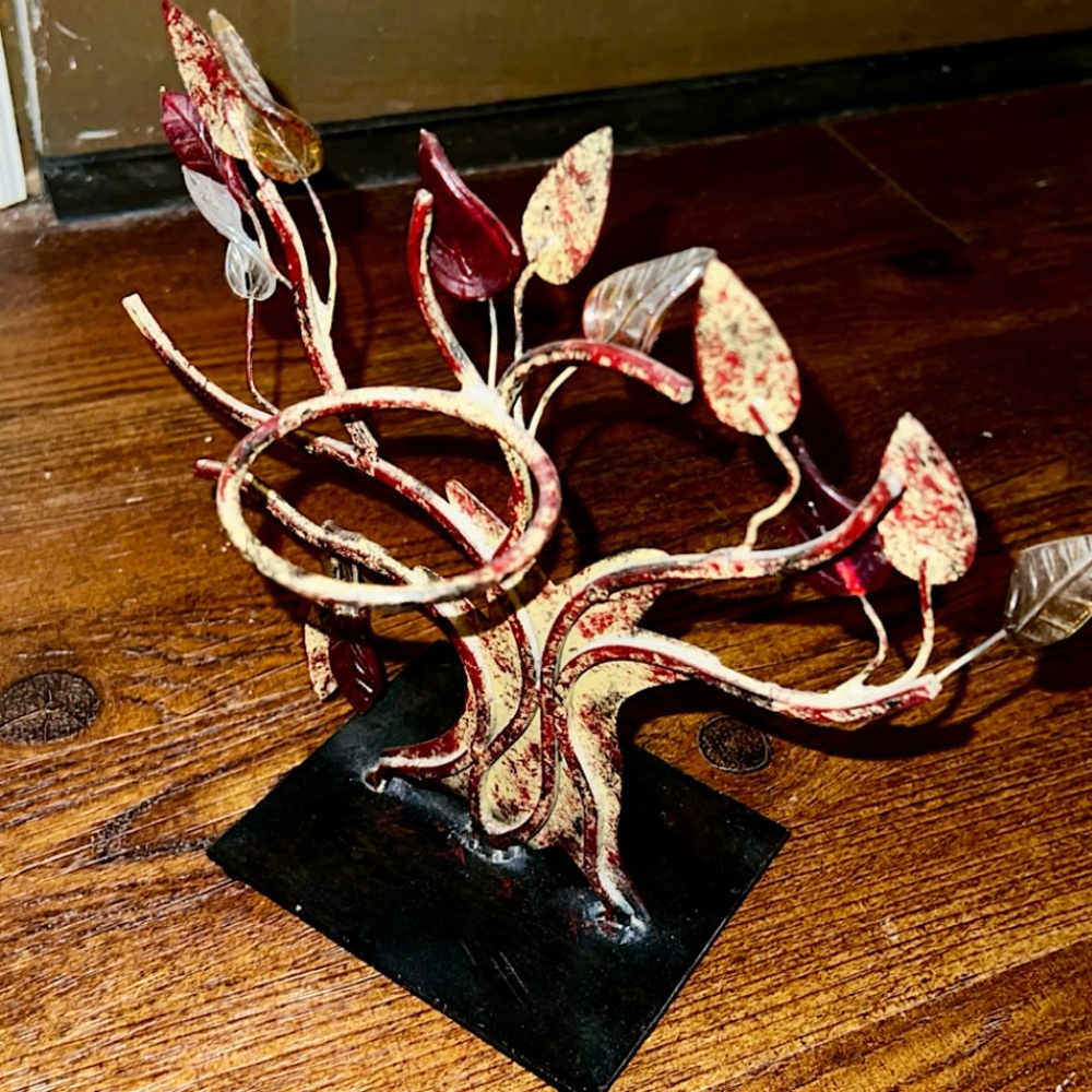 Tree of Life India Art Rustic Red Gold Translucent Leaf Vintage Candle Holder - Picture 6 of 11